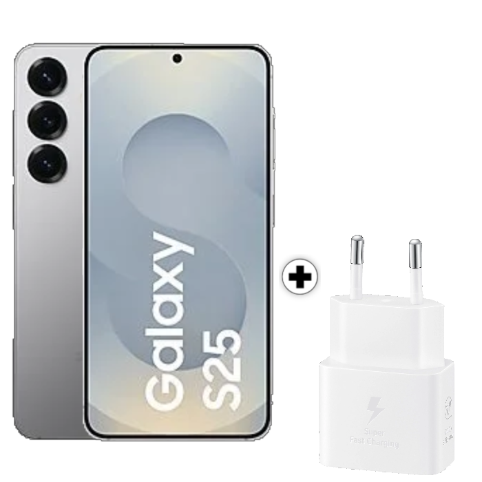 Ein silbernes Samsung Galaxy S25 Telefon, mit weißem Hintergrund mit weißem Ladegerät