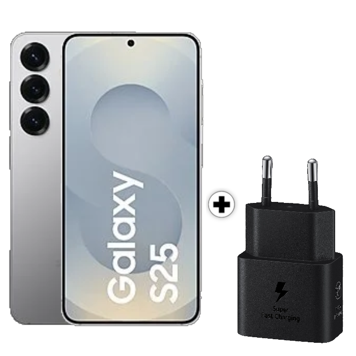Ein silbernes Samsung Galaxy S25 Telefon, mit weißem Hintergrund mit schwarzem Ladegerät