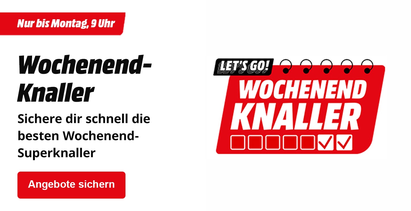 Werbegrafik mit der Aufschrift Wochenend-Knaller – Sichere dir schnell die besten Wochenend-Superknaller. Jetzt Angebote sichern.