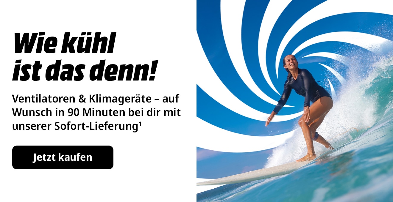Wie kühl ist das denn? Ventilatoren und Klimageräte auf Wunsch in 90 Minuten bei dir mit der Sofort-Lieferung. Auf der rechten Seite befindet sich eine Frau auf einem Surfboard auf einer Welle