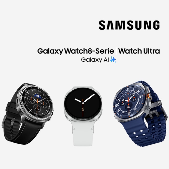 3 Smartwatches von Samsung nebeneinander, die linke ist schwarz, die in der Mitte weiß und die rechte Smartwatch ist blau