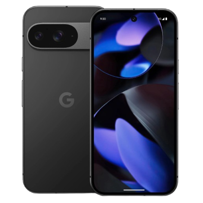 Zwei schwarze Smartphones. Eines zeigt ein blaues und schwarzes abstraktes Hintergrundbild, das andere die Rückseite.