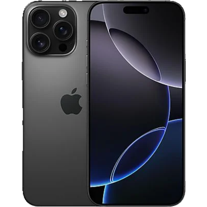 Dunkelgraues iPhone 14 Pro, Vorder- und Rückansicht, mit Dreifachkamera und Bildschirm mit hellblauem Muster.