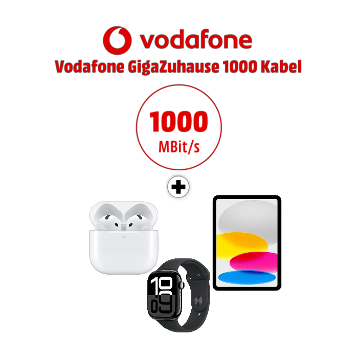 3 Apple Produkte unter dem Vodafone Logo. Weiße, geöffnete Air Pods, eine schwarze Apple Watch mit einem Ziffernblatt, das 10:09 Uhr zeigt und ein iPad, das einen Bildschirm mit gelb, pink und blau zeigt