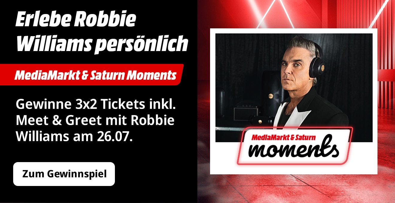 Gewinne 3x2 Tickets inkl. Meet & Greet mit Robbie Williams am 26.07. bei MediaMarkt & Saturn Moments.